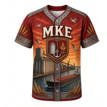 Load image into Gallery viewer, Grain Elevator Harbor Milwaukee Baseball Jersey in Harbor Rust, front view – harbor grain elevators, silos and loading freighter, custom name and number