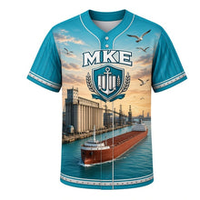 Load image into Gallery viewer, Grain Elevator Harbor Milwaukee Baseball Jersey in Lake Freighter Teal, front view – harbor grain elevators, silos and loading freighter, custom name and number