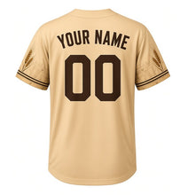 Load image into Gallery viewer, Grain Elevator Harbor Milwaukee Baseball Jersey in Wheat Field Tan, back view with your name and number – riveted-steel and wheat-stalk trim on sleeves