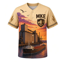 Load image into Gallery viewer, Grain Elevator Harbor Milwaukee Baseball Jersey in Wheat Field Tan, front view – harbor grain elevators, silos and loading freighter, custom name and number