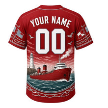 Load image into Gallery viewer, Great Lakes Freighter Milwaukee Baseball Jersey in Hull Red, back view with your name and number – nautical signal-flag and rope sleeve pattern