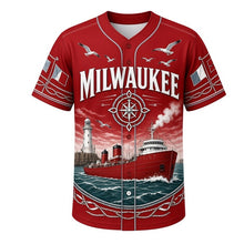 Load image into Gallery viewer, Great Lakes Freighter Milwaukee Baseball Jersey in Hull Red, front view – lake freighter steaming into harbor with gulls and waves, custom name and number