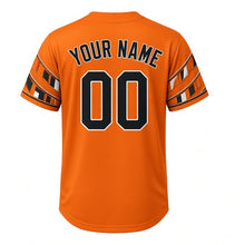 Load image into Gallery viewer, Great Lakes Freighter Milwaukee Baseball Jersey in Signal Flag Orange, back view with your name and number – nautical signal-flag and rope sleeve pattern