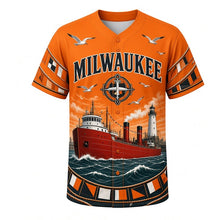 Load image into Gallery viewer, Great Lakes Freighter Milwaukee Baseball Jersey in Signal Flag Orange, front view – lake freighter steaming into harbor with gulls and waves, custom name and number