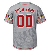 Load image into Gallery viewer, Great Lakes Freighter Milwaukee Baseball Jersey in Steel Gray, back view with your name and number – nautical signal-flag and rope sleeve pattern