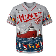 Load image into Gallery viewer, Great Lakes Freighter Milwaukee Baseball Jersey in Steel Gray, front view – lake freighter steaming into harbor with gulls and waves, custom name and number