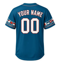 Load image into Gallery viewer, Great Lakes Freighter Milwaukee Baseball Jersey in Deep Lake Blue, back view with your name and number – nautical signal-flag and rope sleeve pattern