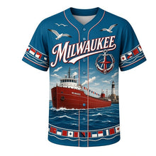 Load image into Gallery viewer, Great Lakes Freighter Milwaukee Baseball Jersey in Deep Lake Blue, front view – lake freighter steaming into harbor with gulls and waves, custom name and number