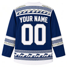 Load image into Gallery viewer, Greece Original Hockey Jersey in Aegean Blue, back view with your name and number – ornate Greek key and Aegean wave-scroll yoke with leaping-dolphin hem band, finely detailed artwork