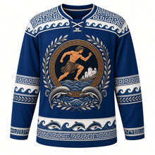Load image into Gallery viewer, Greece Original Hockey Jersey in Aegean Blue, front view – ornate black-figure runner crest with Greek key ring, olive branches, Cycladic houses and leaping dolphins, Greek key and wave yoke, detailed illustrated artwork, custom name and number