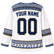 Load image into Gallery viewer, Greece Original Hockey Jersey in Cycladic White, back view with your name and number – ornate Greek key and Aegean wave-scroll yoke with leaping-dolphin hem band, finely detailed artwork