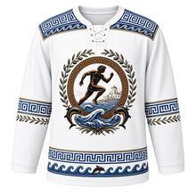 Load image into Gallery viewer, Greece Original Hockey Jersey in Cycladic White, front view – ornate black-figure runner crest with Greek key ring, olive branches, Cycladic houses and leaping dolphins, Greek key and wave yoke, detailed illustrated artwork, custom name and number