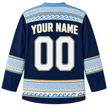 Load image into Gallery viewer, Greece Original Hockey Jersey in Ionian Navy, back view with your name and number – ornate Greek key and Aegean wave-scroll yoke with leaping-dolphin hem band, finely detailed artwork