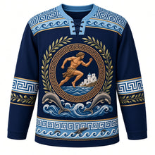 Load image into Gallery viewer, Greece Original Hockey Jersey in Ionian Navy, front view – ornate black-figure runner crest with Greek key ring, olive branches, Cycladic houses and leaping dolphins, Greek key and wave yoke, detailed illustrated artwork, custom name and number