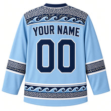 Load image into Gallery viewer, Greece Original Hockey Jersey in Meltemi Sky, back view with your name and number – ornate Greek key and Aegean wave-scroll yoke with leaping-dolphin hem band, finely detailed artwork