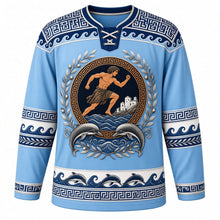 Load image into Gallery viewer, Greece Original Hockey Jersey in Meltemi Sky, front view – ornate black-figure runner crest with Greek key ring, olive branches, Cycladic houses and leaping dolphins, Greek key and wave yoke, detailed illustrated artwork, custom name and number
