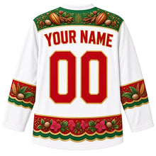 Load image into Gallery viewer, Grenada Original Hockey Jersey in Grand Anse White, back view with your name and number – ornate nutmeg and bougainvillea spice-garden yoke with carnival-feather sleeve bands, finely detailed artwork