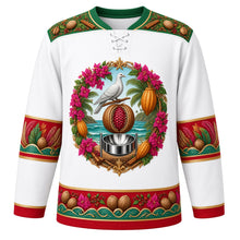 Load image into Gallery viewer, Grenada Original Hockey Jersey in Grand Anse White, front view – ornate nutmeg-and-mace crest with Grenada Dove, cocoa pods, bougainvillea and steelpan, spice-garden yoke, detailed illustrated artwork, custom name and number