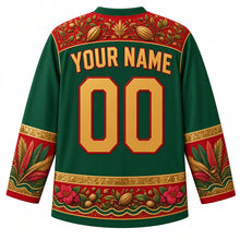 Load image into Gallery viewer, Grenada Original Hockey Jersey in Grand Etang Green, back view with your name and number – ornate nutmeg and bougainvillea spice-garden yoke with carnival-feather sleeve bands, finely detailed artwork