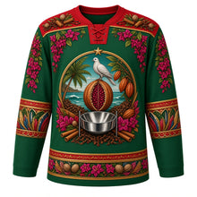 Load image into Gallery viewer, Grenada Original Hockey Jersey in Grand Etang Green, front view – ornate nutmeg-and-mace crest with Grenada Dove, cocoa pods, bougainvillea and steelpan, spice-garden yoke, detailed illustrated artwork, custom name and number