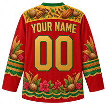 Load image into Gallery viewer, Grenada Original Hockey Jersey in Spice Isle Red, back view with your name and number – ornate nutmeg and bougainvillea spice-garden yoke with carnival-feather sleeve bands, finely detailed artwork