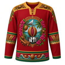 Load image into Gallery viewer, Grenada Original Hockey Jersey in Spice Isle Red, front view – ornate nutmeg-and-mace crest with Grenada Dove, cocoa pods, bougainvillea and steelpan, spice-garden yoke, detailed illustrated artwork, custom name and number