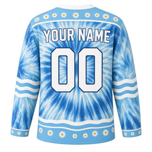 Load image into Gallery viewer, Groovy Tie-Dye Swirl Original Hockey Jersey in Ocean Spiral, back view with your name and number – daisy-pattern yoke and wavy-stripe sleeve bands