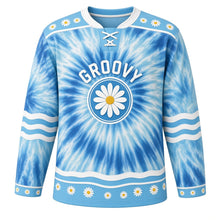 Load image into Gallery viewer, Groovy Tie-Dye Swirl Original Hockey Jersey in Ocean Spiral, front view – spiral tie-dye pattern with small daisies and daisy crest, custom name and number