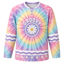 Load image into Gallery viewer, Groovy Tie-Dye Swirl Original Hockey Jersey in Pastel Dream, front view – spiral tie-dye pattern with small daisies and daisy crest, custom name and number