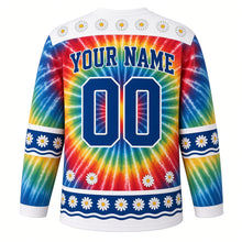 Load image into Gallery viewer, Groovy Tie-Dye Swirl Original Hockey Jersey in Rainbow Spiral, back view with your name and number – daisy-pattern yoke and wavy-stripe sleeve bands