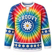 Load image into Gallery viewer, Groovy Tie-Dye Swirl Original Hockey Jersey in Rainbow Spiral, front view – spiral tie-dye pattern with small daisies and daisy crest, custom name and number