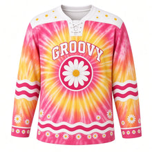 Load image into Gallery viewer, Groovy Tie-Dye Swirl Original Hockey Jersey in Sunset Spiral, front view – spiral tie-dye pattern with small daisies and daisy crest, custom name and number