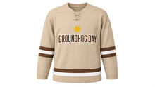 Load image into Gallery viewer, Groundhog Day Original Hockey Jersey in Tan, front view – custom name and number