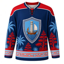 Load image into Gallery viewer, Guam Liberation Day Original Hockey Jersey in Ocean Navy, front view with themed artwork and clean crest