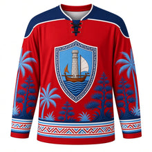 Load image into Gallery viewer, Guam Liberation Day Original Hockey Jersey in Liberation Red, front view with themed artwork and clean crest