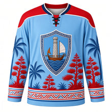 Load image into Gallery viewer, Guam Liberation Day Original Hockey Jersey in Sky Blue, front view with themed artwork and clean crest