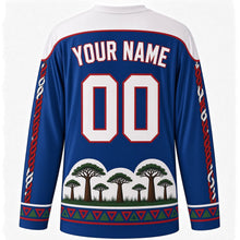 Load image into Gallery viewer, Guanacaste Day Original Hockey Jersey in Sabana Blue, back view with custom YOUR NAME and 00