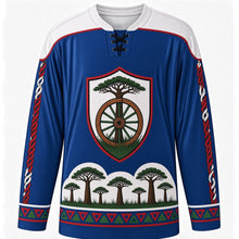 Load image into Gallery viewer, Guanacaste Day Original Hockey Jersey in Sabana Blue, front view with themed artwork and clean crest