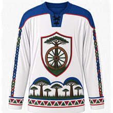 Load image into Gallery viewer, Guanacaste Day Original Hockey Jersey in White, front view with themed artwork and clean crest
