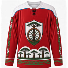 Load image into Gallery viewer, Guanacaste Day Original Hockey Jersey in Fiesta Red, front view with themed artwork and clean crest