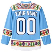 Load image into Gallery viewer, Guatemala Original Hockey Jersey in Atitlán Sky Blue, back view with your name and number – ornate multicolor huipil-brocade yoke with diamond, corn and bird hem band, finely detailed artwork