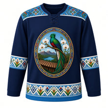 Load image into Gallery viewer, Guatemala Original Hockey Jersey in Marimba Navy, front view – ornate quetzal, Monja Blanca orchid, Lake Atitlán volcanoes and marimba crest, huipil-brocade yoke, detailed illustrated artwork, custom name and number