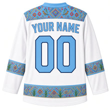 Load image into Gallery viewer, Guatemala Original Hockey Jersey in Monja Blanca White, back view with your name and number – ornate multicolor huipil-brocade yoke with diamond, corn and bird hem band, finely detailed artwork