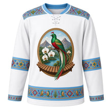 Load image into Gallery viewer, Guatemala Original Hockey Jersey in Monja Blanca White, front view – ornate quetzal, Monja Blanca orchid, Lake Atitlán volcanoes and marimba crest, huipil-brocade yoke, detailed illustrated artwork, custom name and number