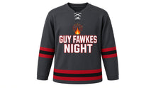 Load image into Gallery viewer, Guy Fawkes Night Original Hockey Jersey in Gray, front view – custom name and number