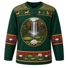 Load image into Gallery viewer, Guyana Original Hockey Jersey in Rainforest Green, front view – Kaieteur Falls and Victoria lily crest with hoatzin, ornate Amerindian basketry-weave yoke, detailed artwork, custom name and number