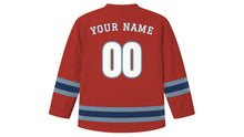 Load image into Gallery viewer, Halifax Original Hockey Jersey in Lobster Red, back view with your name and number