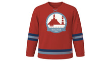 Load image into Gallery viewer, Halifax Original Hockey Jersey in Lobster Red, front view – custom name and number