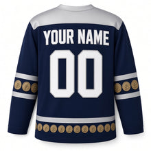 Load image into Gallery viewer, Ancient Coin Border Hanukkah Hockey Jersey in Coin Navy, back view with your name and number