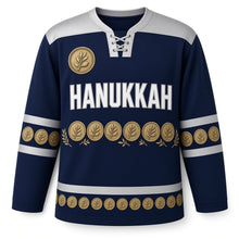 Load image into Gallery viewer, Ancient Coin Border Hanukkah Hockey Jersey in Coin Navy, front view – custom name and number